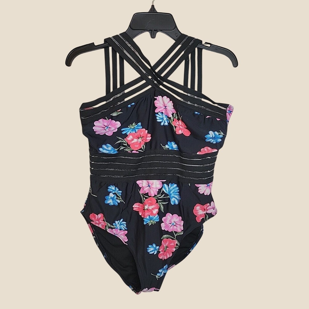 Hilor One Piece Swimsuit Floral Strappy Mesh Monokini Bathing Suit Black XL 14